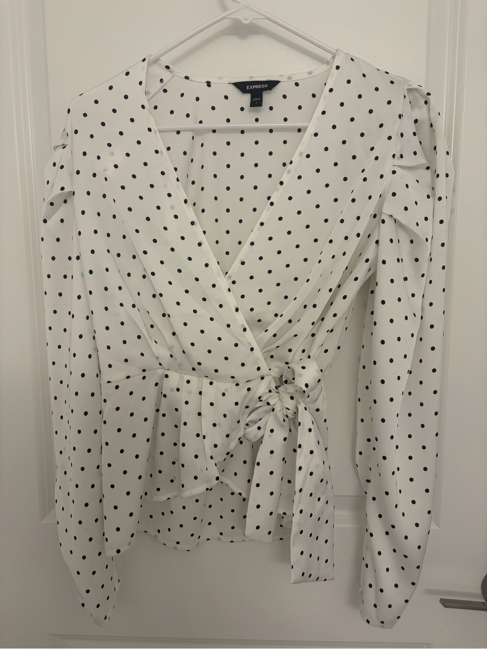 Express White Wrap Blouse with Black Polka Dots